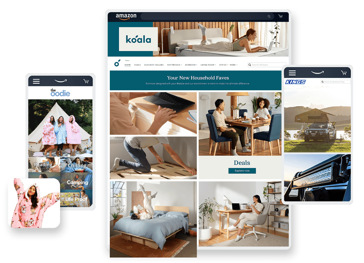 A collage of products and brand storefronts on Amazon.com.au